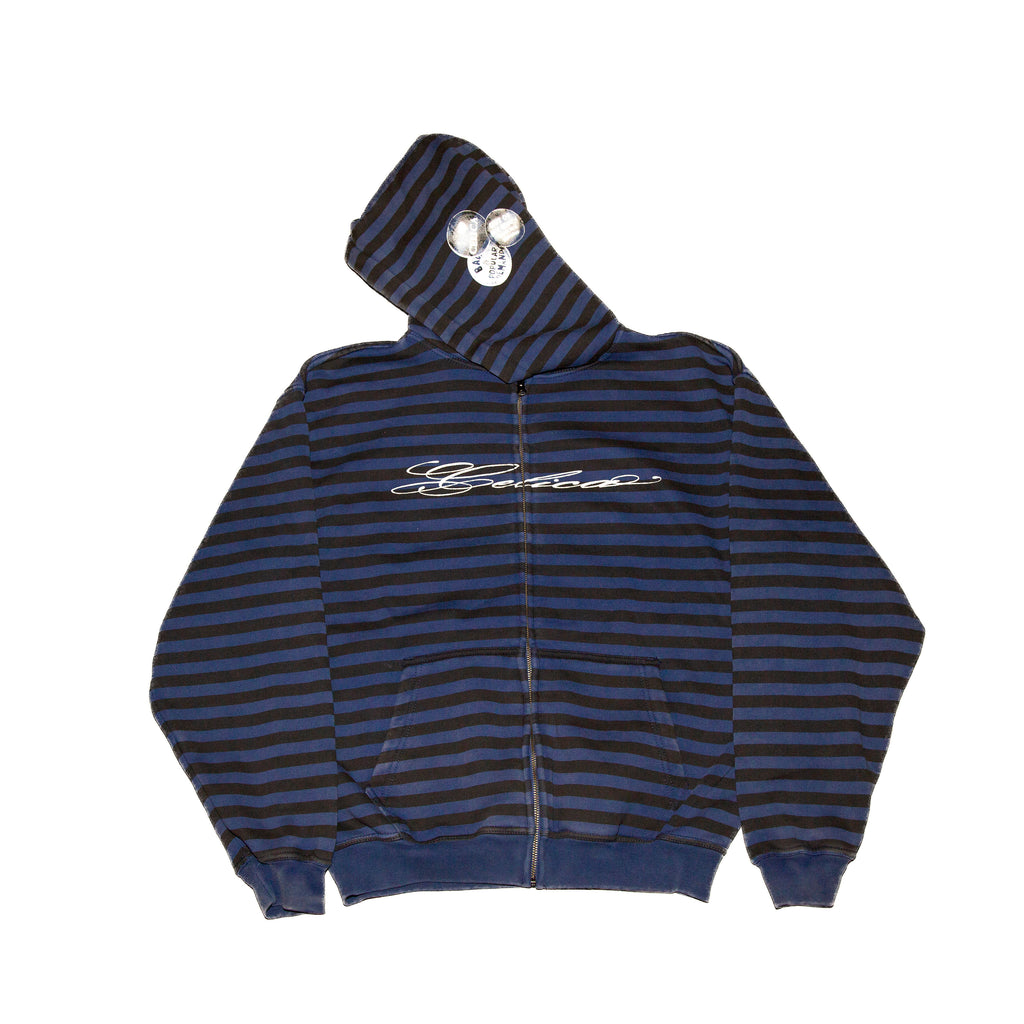 Vintage Striped Logo Zip Hoodie- Royal/Black