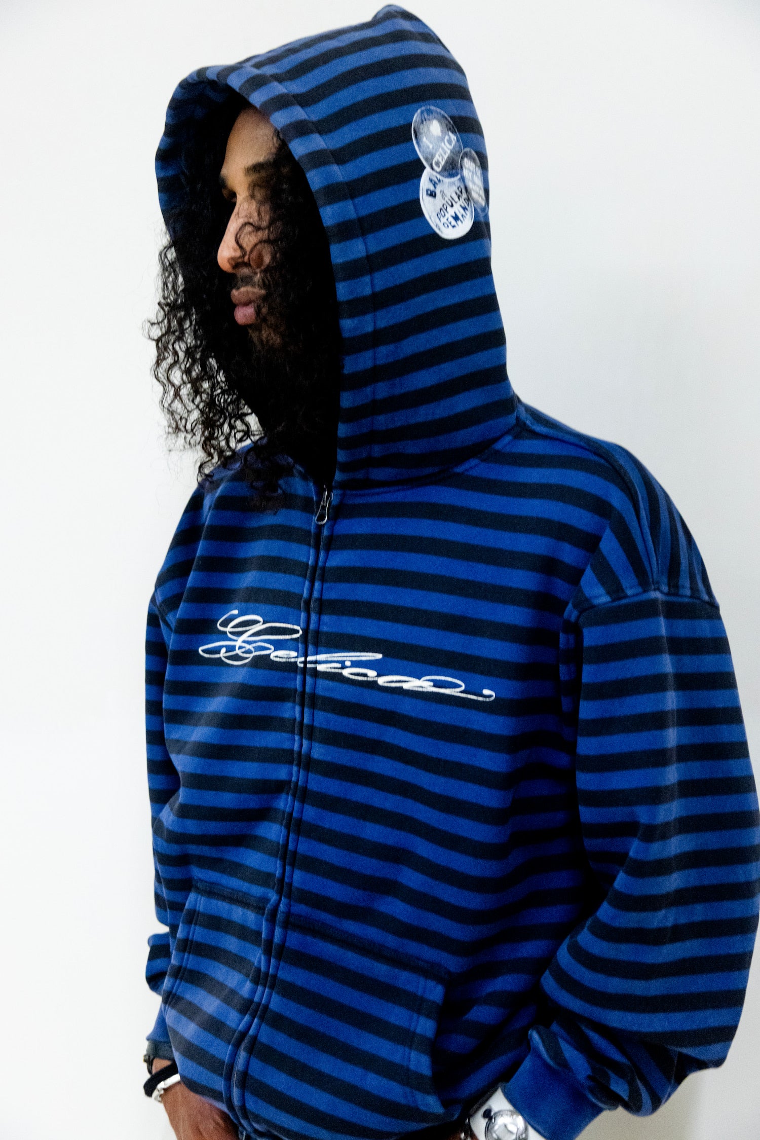 Vintage Striped Logo Zip Hoodie- Royal/Black