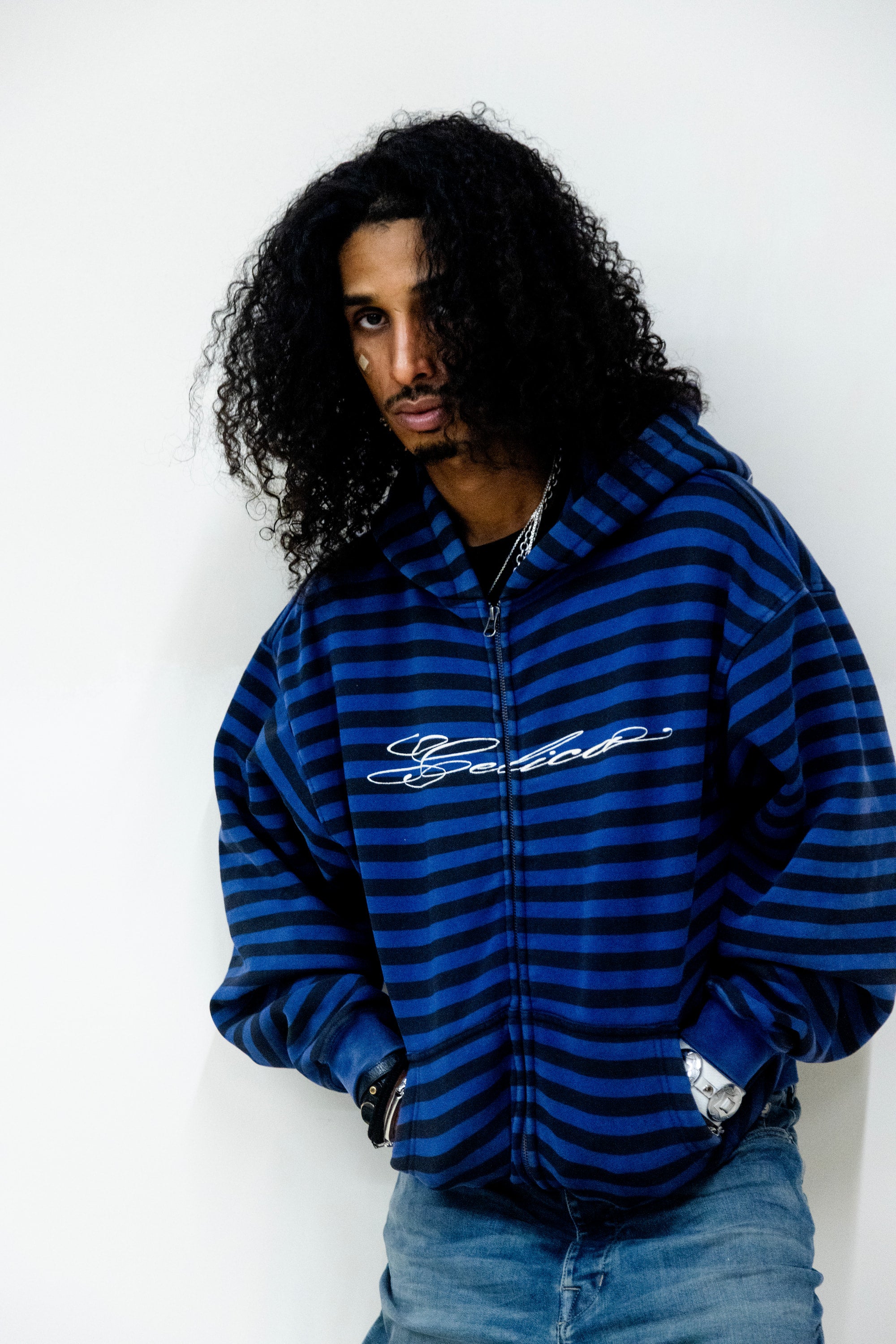 Vintage Striped Logo Zip Hoodie- Royal/Black