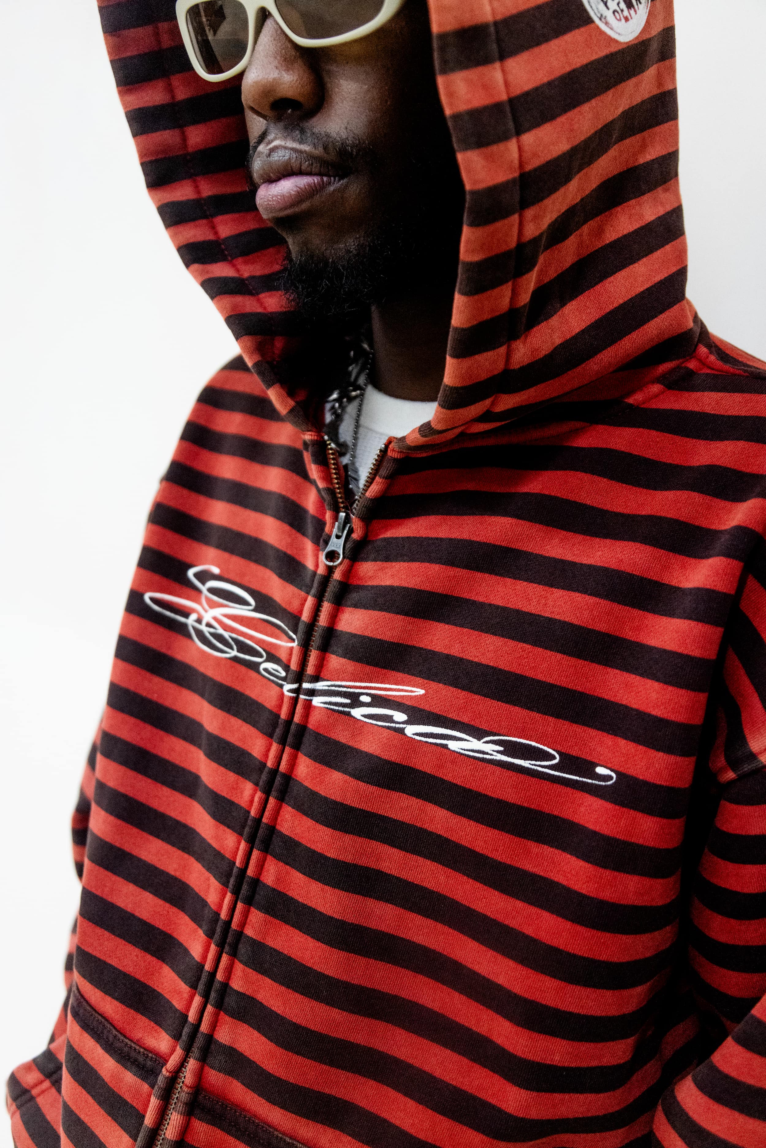 Vintage Striped Logo Zip Hoodie - Crimson/Black